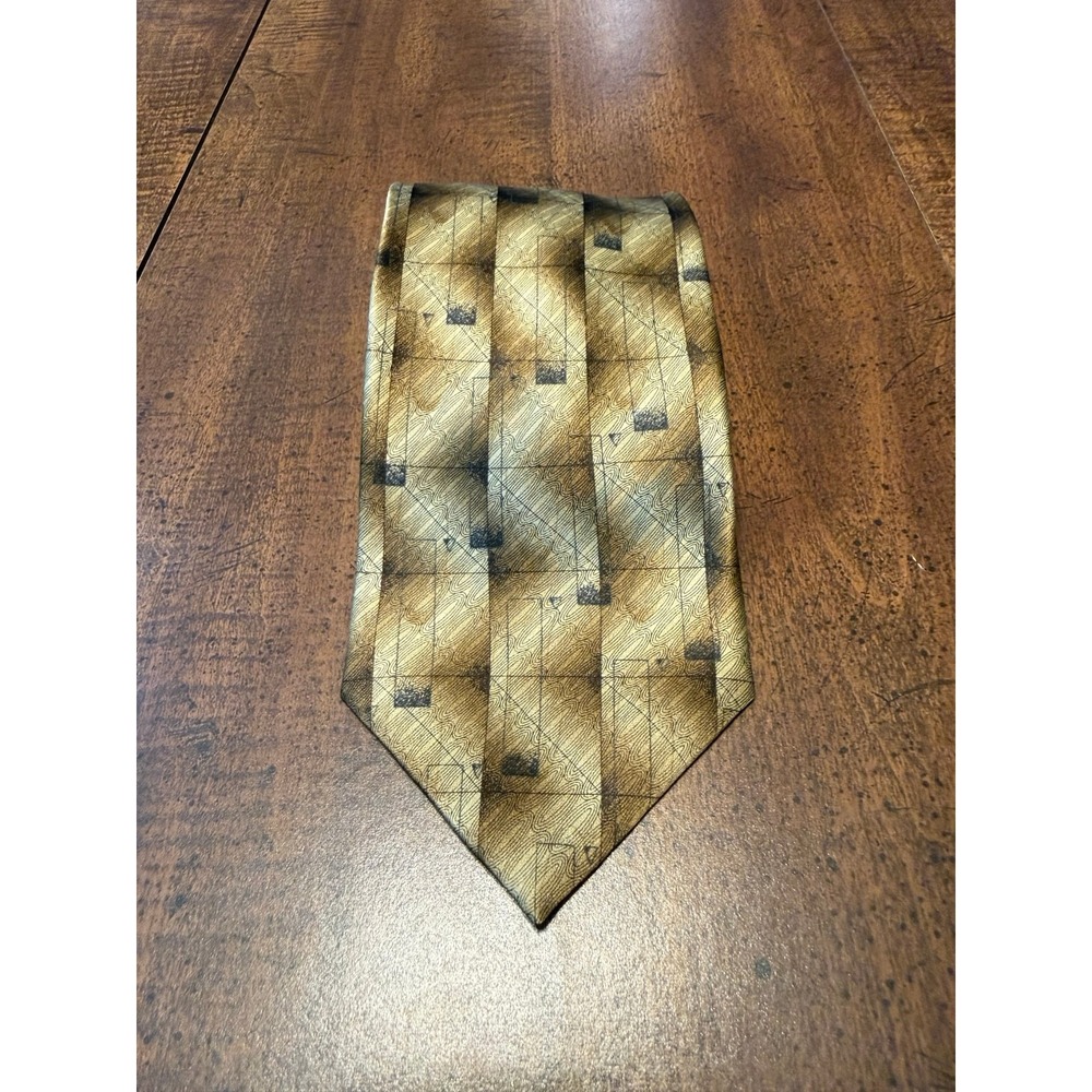 Axis LA Men's 100% Silk Tie Gold Tan Black Abstract Geometric Made in Korea